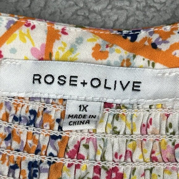 Rose+Olive Top 1X Patchwork Print Orange Pink Floral Boho Smocking Drape Light - Picture 4 of 14